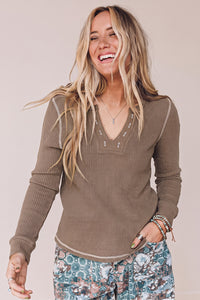 KaleaBoutique Stylish V Neck Ribbed Stitched Detail Long Sleeve Top - KaleaBoutique.com