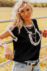 KaleaBoutique Comfortable Horse Shoe Pattern Contrast Trim Short Sleeve Sweater - KaleaBoutique.com