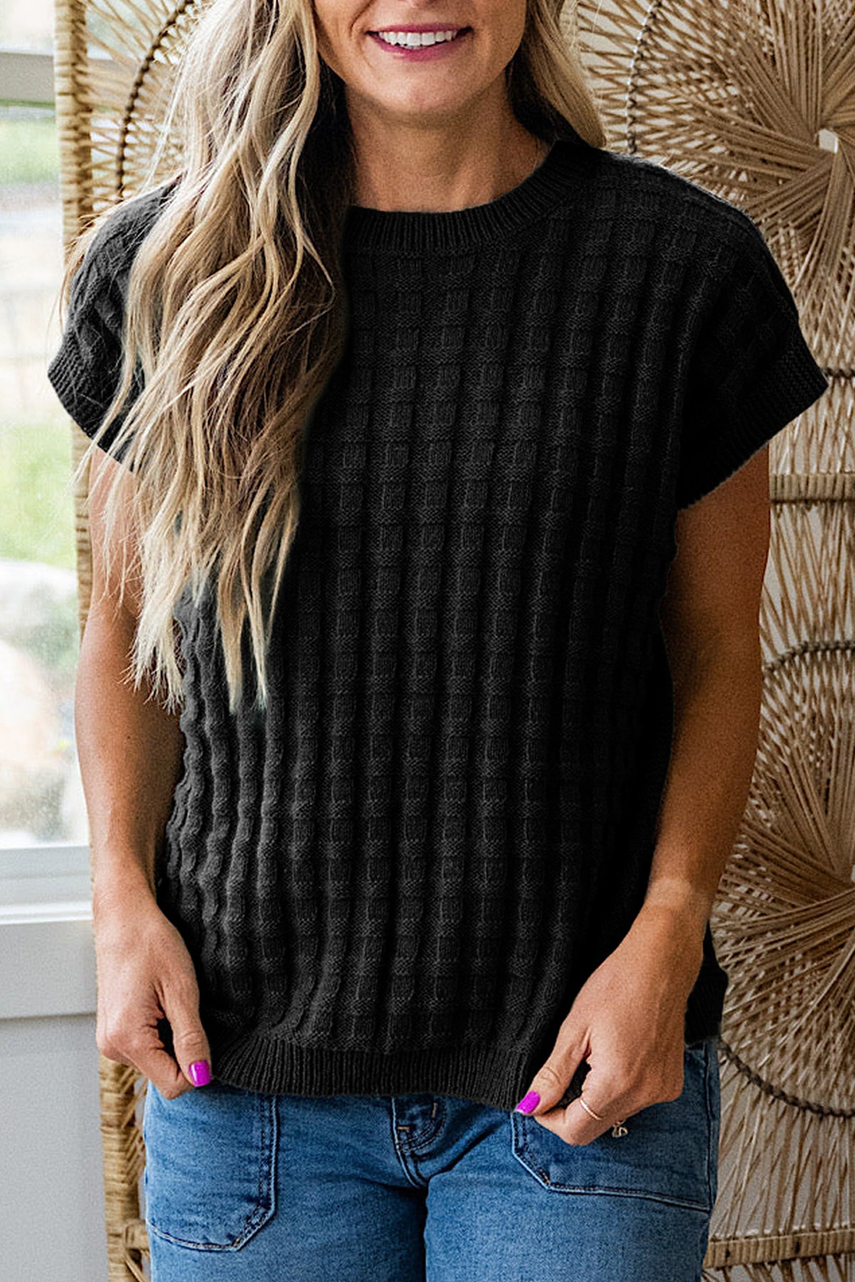 KaleaBoutique Comfortable Solid Color Round Neck Textured Short Sleeve Sweater - KaleaBoutique.com
