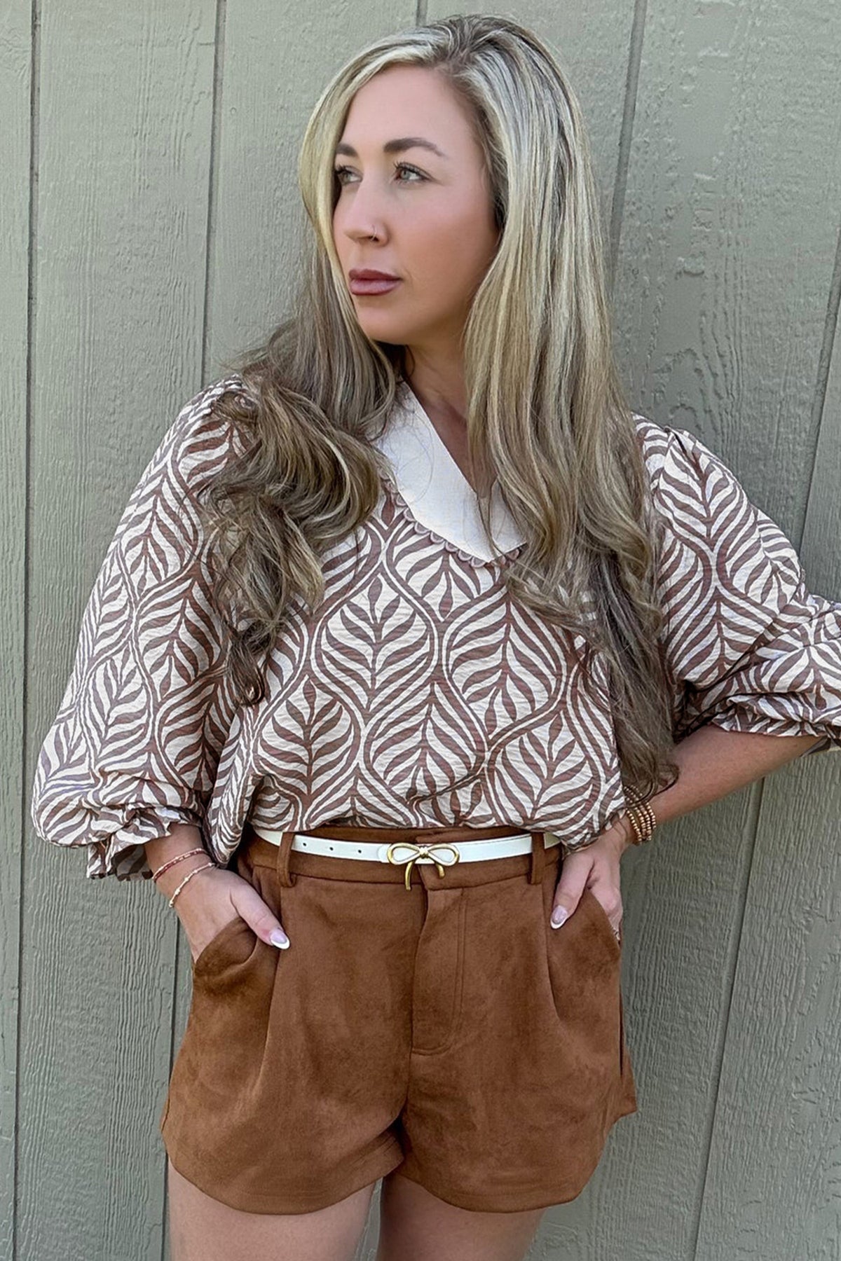 KaleaBoutique Beautiful Leaf Print Standing Collar Puff Sleeve Top - KaleaBoutique.com