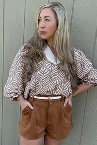 KaleaBoutique Beautiful Leaf Print Standing Collar Puff Sleeve Top - KaleaBoutique.com