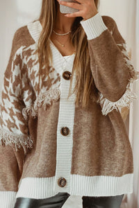 KaleaBoutique Classic Houndstooth Color Block V Neck Raw Edge Button Front Cardigan - KaleaBoutique.com
