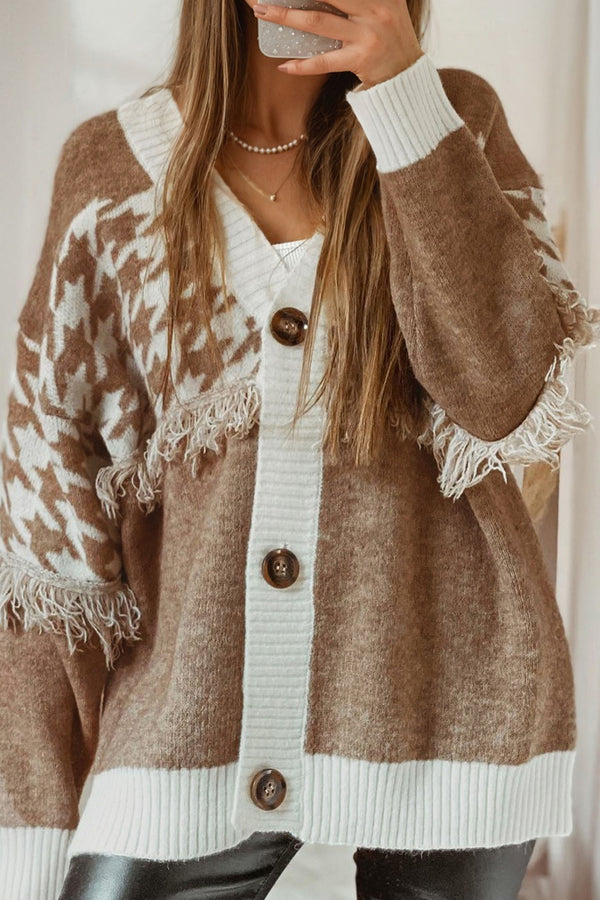 KaleaBoutique Classic Houndstooth Color Block V Neck Raw Edge Button Front Cardigan - KaleaBoutique.com