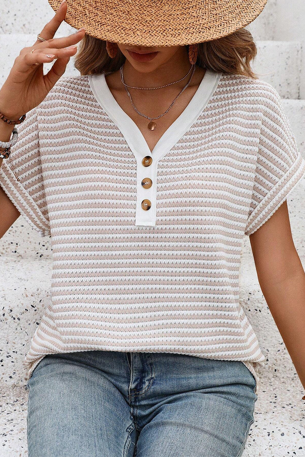 KaleaBoutique Stylish Buttoned Front V Neck Knitted T Shirt - KaleaBoutique.com