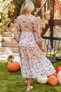 KaleaBoutique Stylish Floral Print Ruffled Tiered Long Sleeve V Neck Midi Dress - KaleaBoutique.com