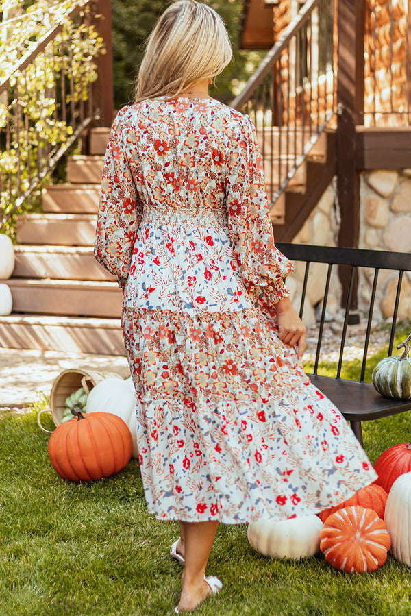 KaleaBoutique Stylish Floral Print Ruffled Tiered Long Sleeve V Neck Midi Dress - KaleaBoutique.com