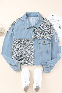 Blue Plus Size Leopard Ripped Cropped Denim Jacket - KaleaBoutique.com