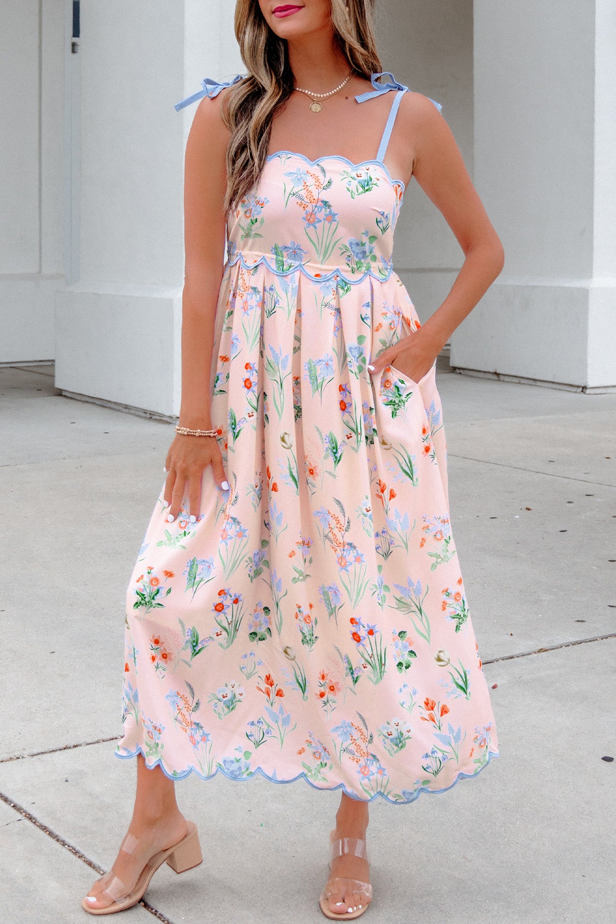 KaleaBoutique Stylish Floral Print Contrast Trim Self-tie Straps High Waist Midi Dress - KaleaBoutique.com