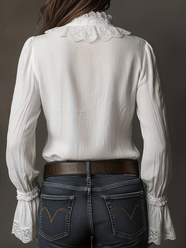 Women's Scalloped Lace-Trim Long-Sleeve Blouse