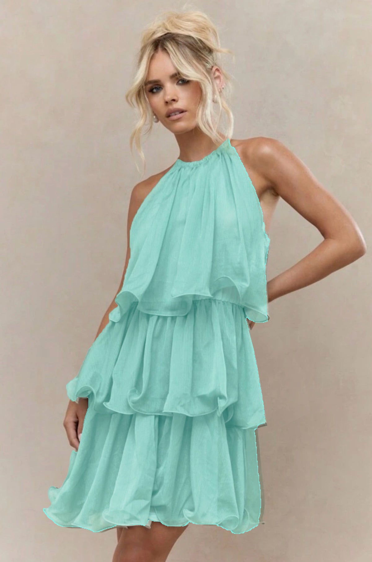Elegant Halter Neck Sleeveless Strapless Sheer Layered Dress - Ruffled Hem Elegant Women's Summer Party Dress Beach Vacation Outfits - KaleaBoutique.com