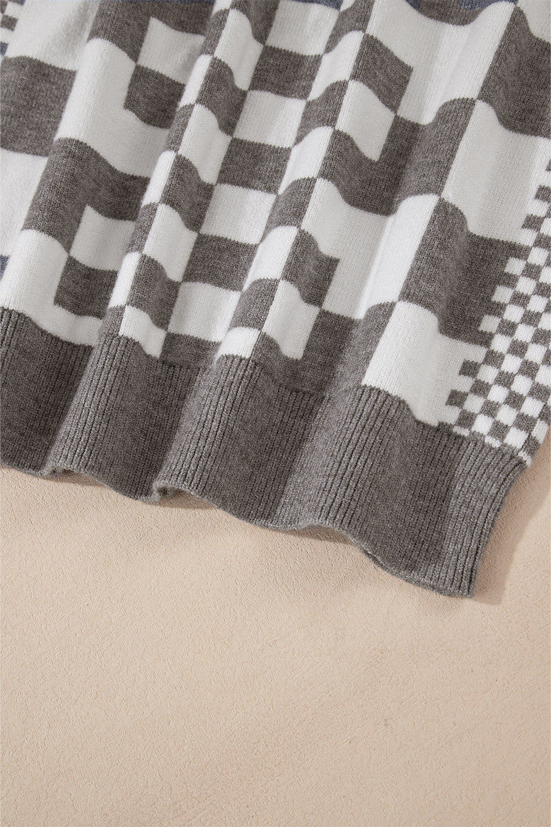 KaleaBoutique Checkered Print Drop Shoulder Round Neck Sweater - KaleaBoutique.com