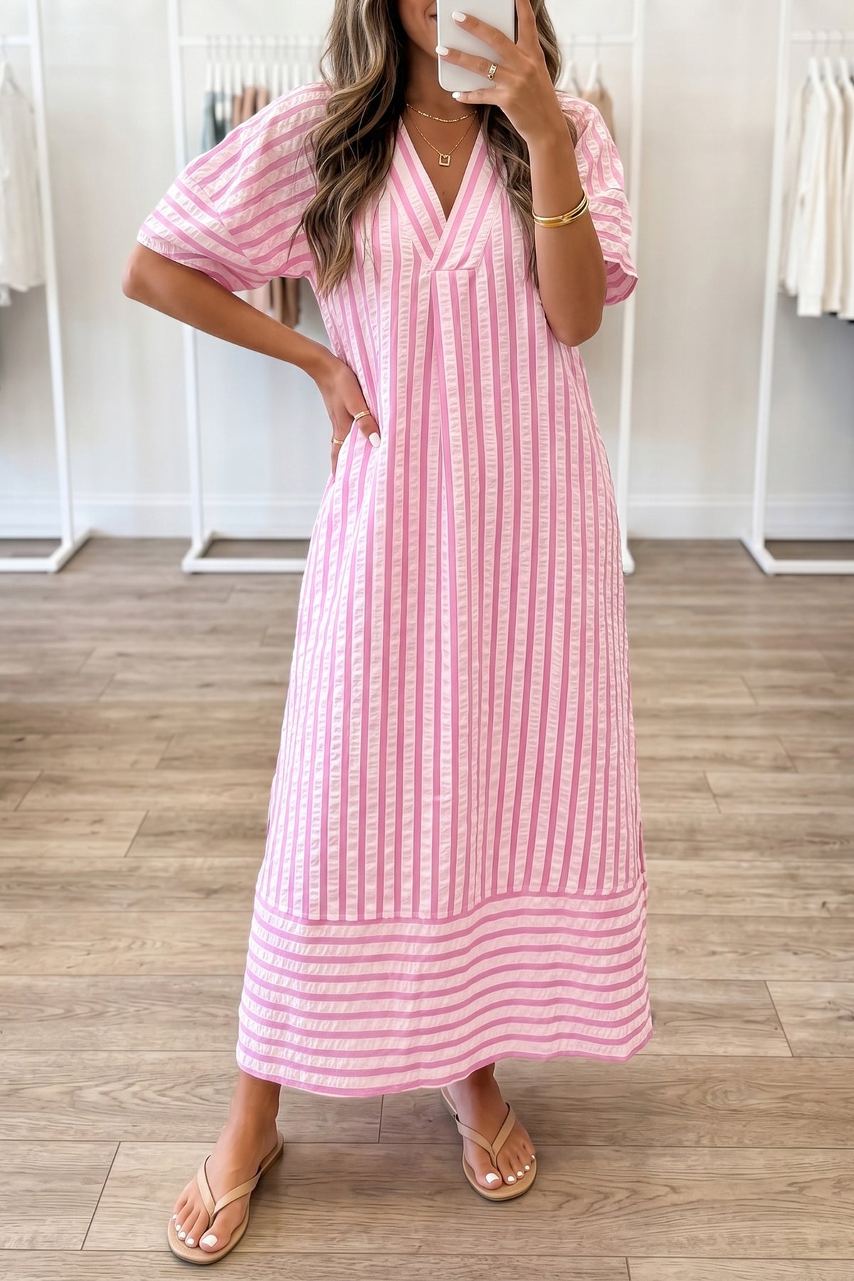 KaleaBoutique Comfortable V Neck Short Sleeve Shift Long Dress - KaleaBoutique.com