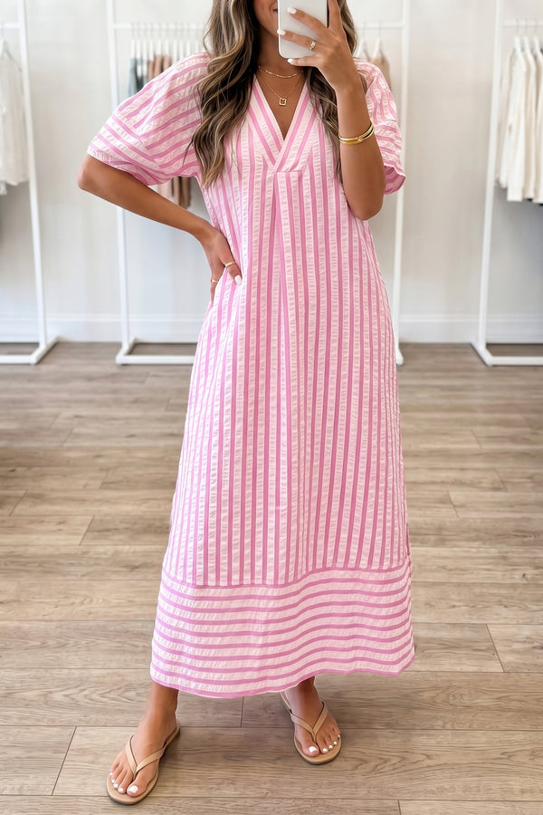 KaleaBoutique Comfortable V Neck Short Sleeve Shift Long Dress - KaleaBoutique.com