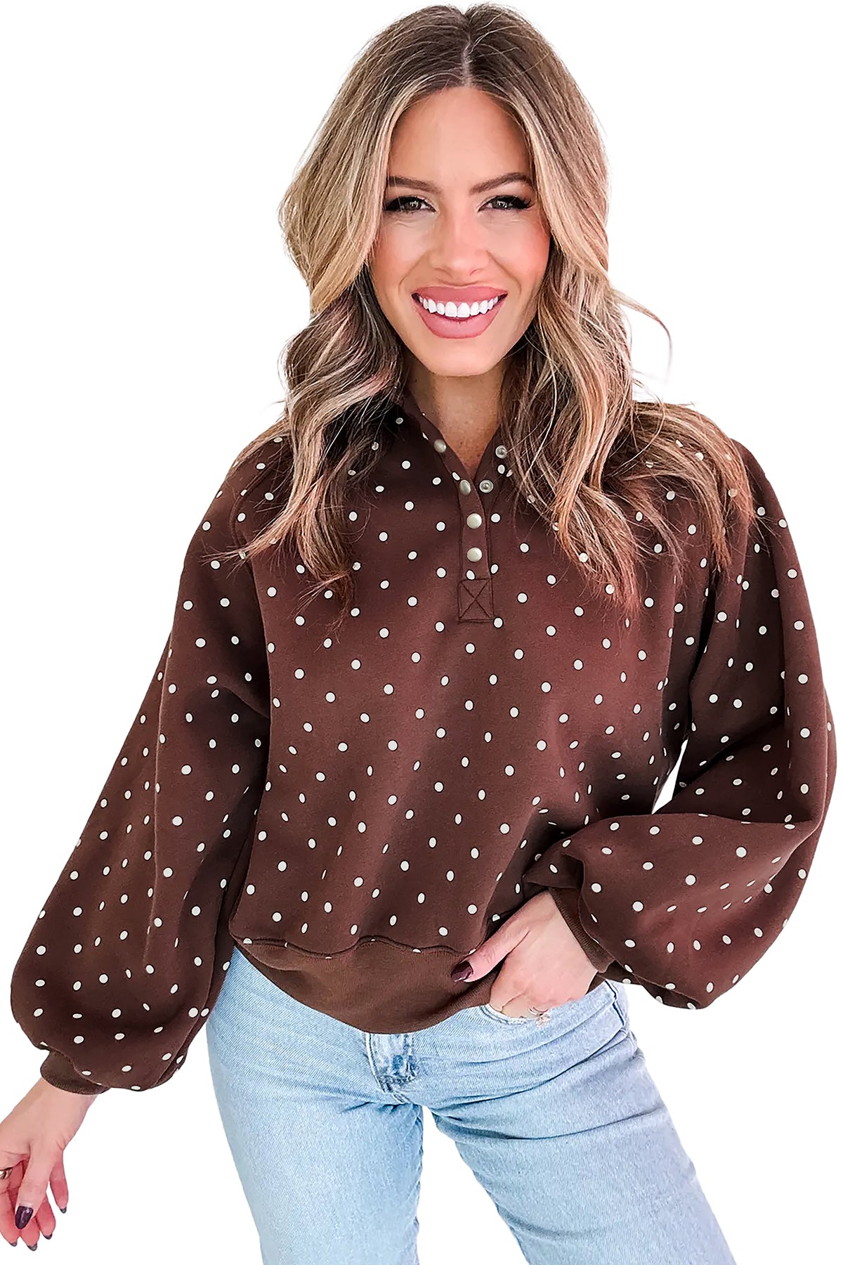 KaleaBoutique Stylish Polka Dot Print Metal Button Collar Casual Pullover Sweatshirt - KaleaBoutique.com