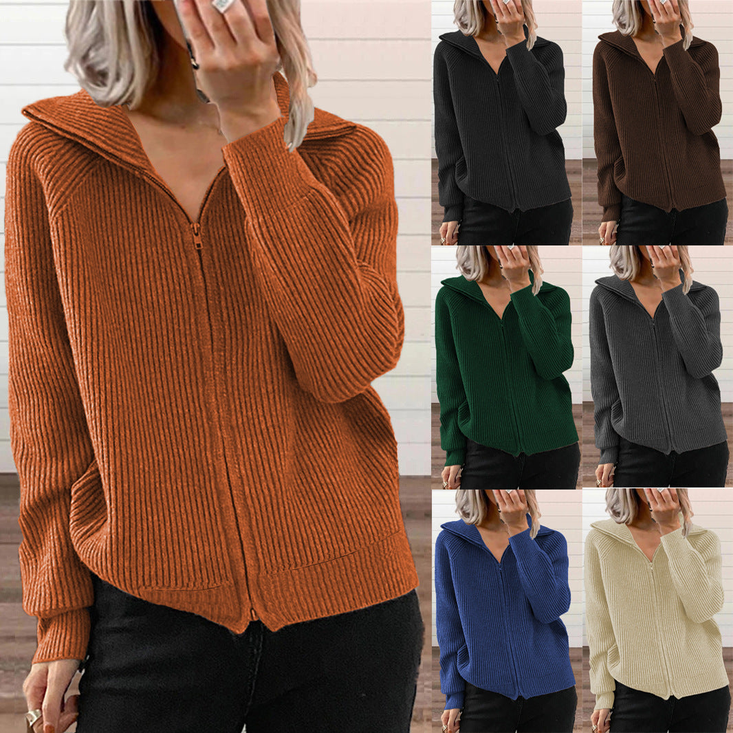 Women's Ribbed Full-Zip Collared Cardigan - KaleaBoutique.com