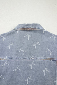 Bow Knot Print Light Wash Raw Hem Denim Jacket - KaleaBoutique.com