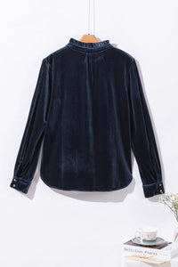 KaleaBoutique Frilled Neck Buttoned Front Velvet Top - KaleaBoutique.com