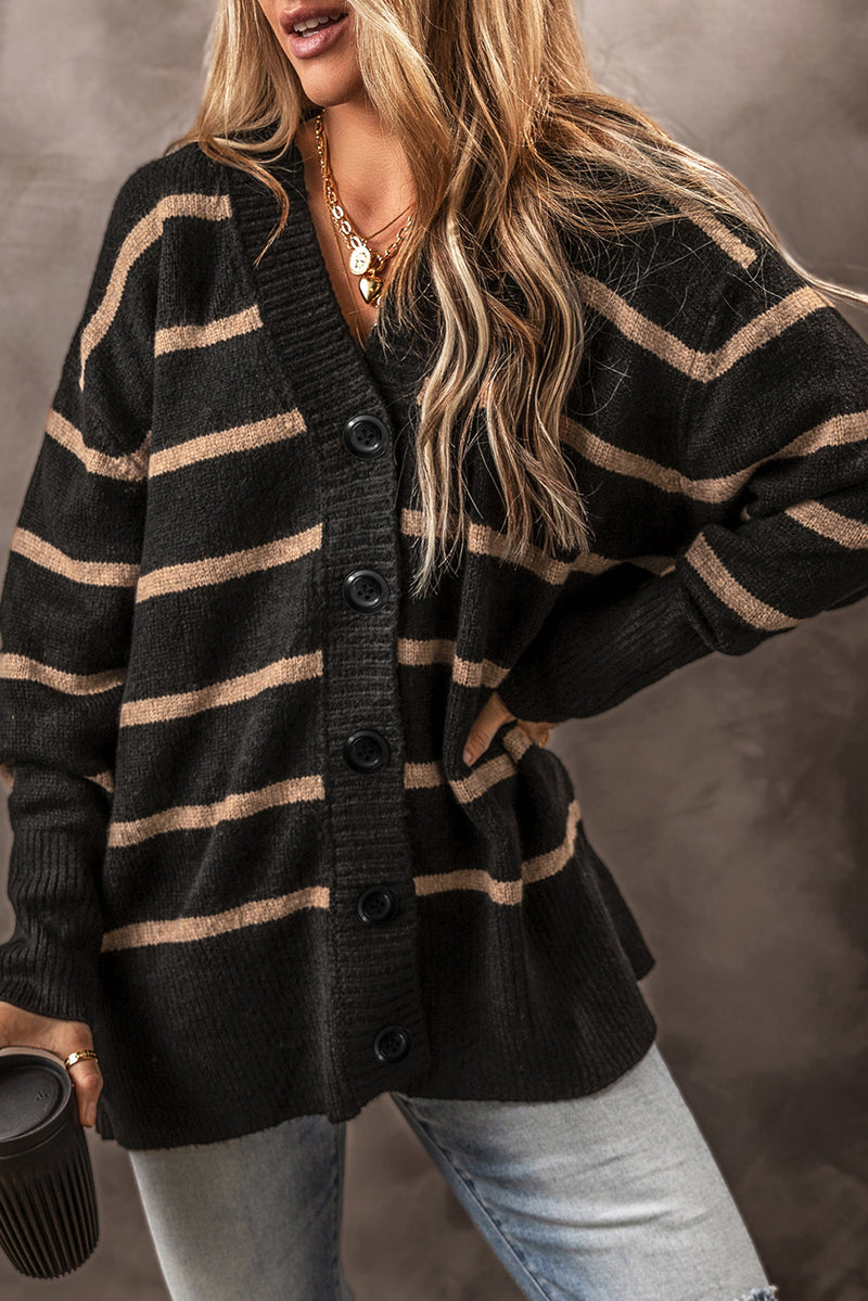 Buttoned V Neck Drop Shoulder Loose Cardigan - KaleaBoutique.com