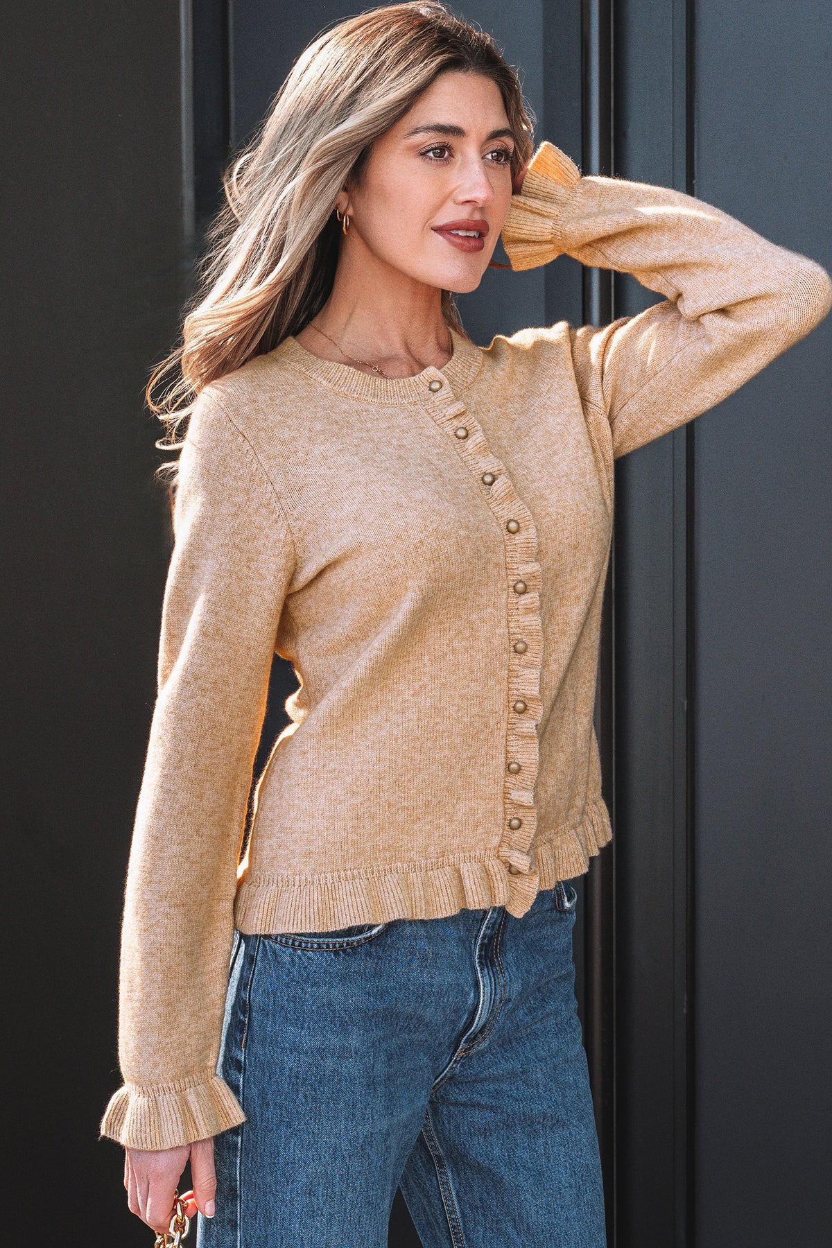 KaleaBoutique Comfortable Ruffle Trim Gold Button Sweater Cardigan - KaleaBoutique.com