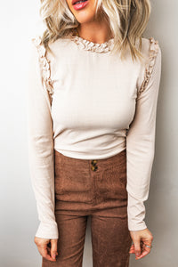 KaleaBoutique Stylish Solid Color Round Neck Frill Detail Long Sleeve Top - KaleaBoutique.com