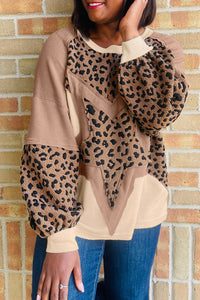 KaleaBoutique Stylish Leopard Star Color Block Patchwork Textured Baggy Sweatshirt - KaleaBoutique.com