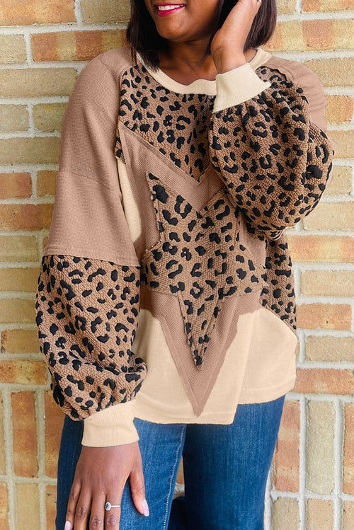 KaleaBoutique Stylish Leopard Star Color Block Patchwork Textured Baggy Sweatshirt - KaleaBoutique.com
