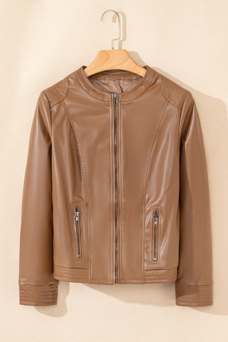 KaleaBoutique Solid Faux Leather Zipper Slim Fit Bomber Jacket - KaleaBoutique.com