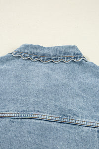 Scallop Trim Collar Patched Pocket Button Up Mineral Washed Denim Jacket - KaleaBoutique.com