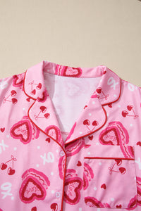 KaleaBoutique Stylish Sweet Heart Cake Print Contrast Ruffle Trim Valentines 2pcs Pajama Set - KaleaBoutique.com