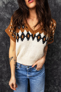 KaleaBoutique Comfortable V Neck Short Sleeve Geometric Print Western Style Knit Tee - KaleaBoutique.com