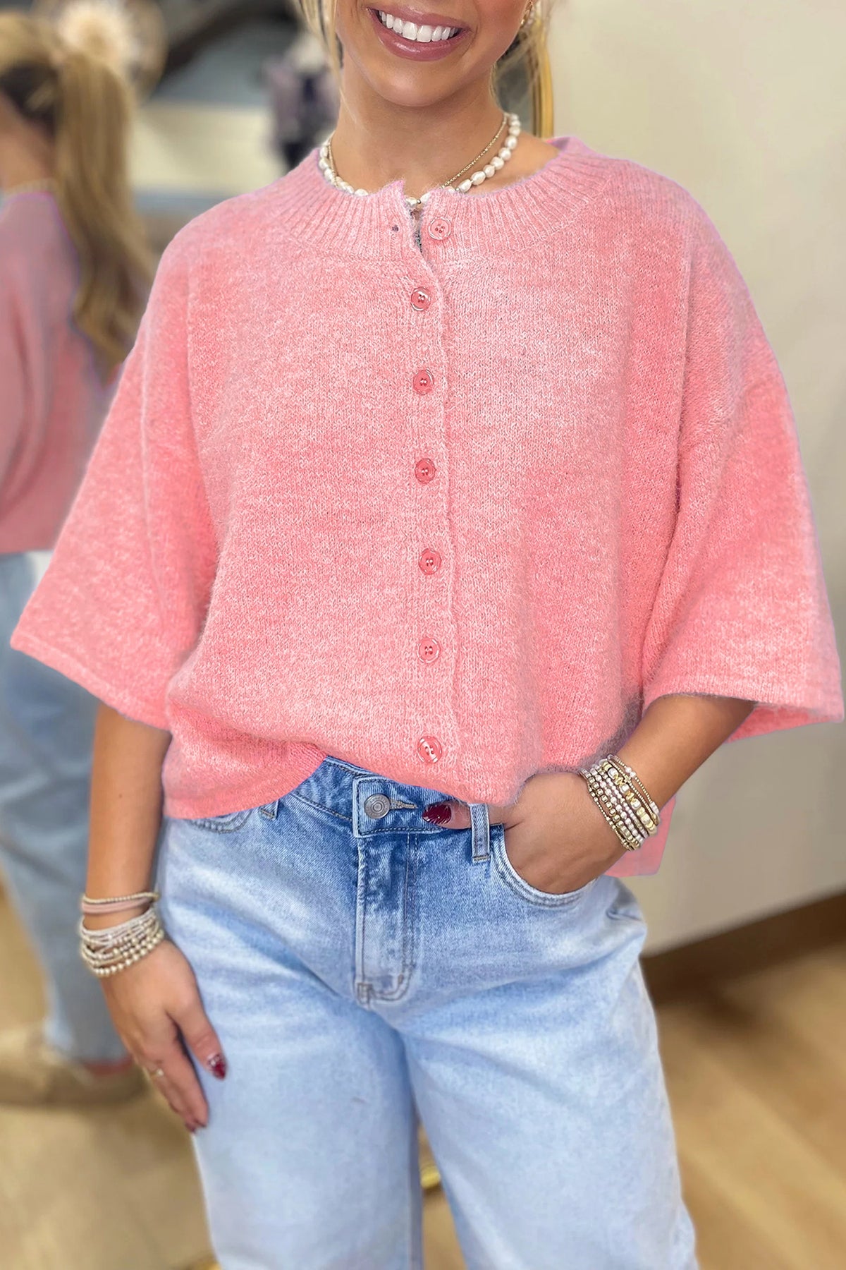 KaleaBoutique Comfortable 3/4 Sleeve Boxy Knit Button Down Sweater Cardigan - KaleaBoutique.com