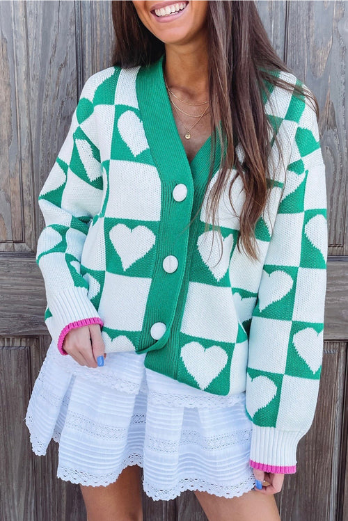 KaleaBoutique Comfortable Plaid Heart Knit V Neck Button Down Sweater Cardigan - KaleaBoutique.com