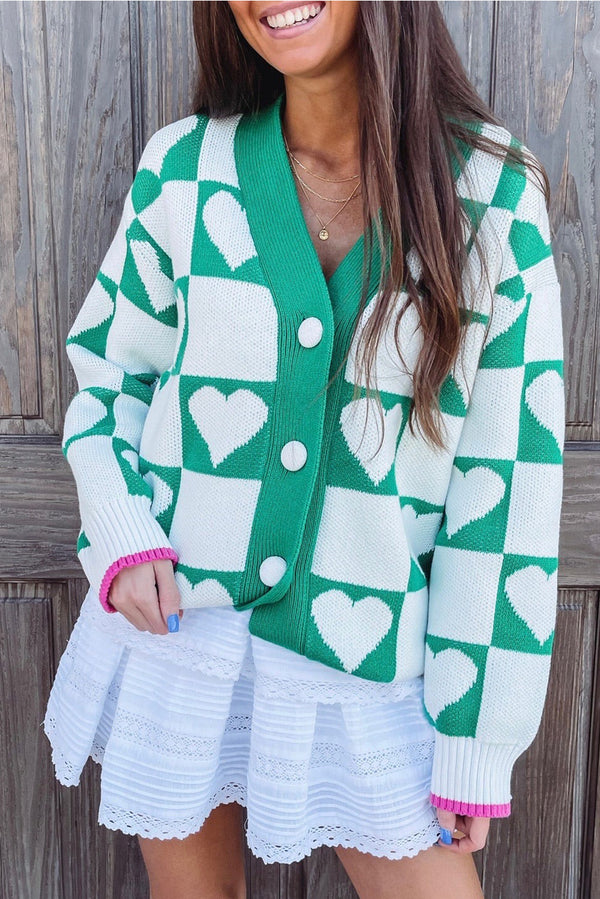 KaleaBoutique Comfortable Plaid Heart Knit V Neck Button Down Sweater Cardigan - KaleaBoutique.com