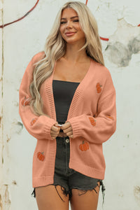 KaleaBoutique Comfortable Pumpkin Print Open Front Drop Shoulder Midi Cardigan - KaleaBoutique.com