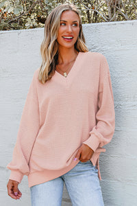 Thermal V Neck Relaxed Long Sleeve Knit Top - KaleaBoutique.com