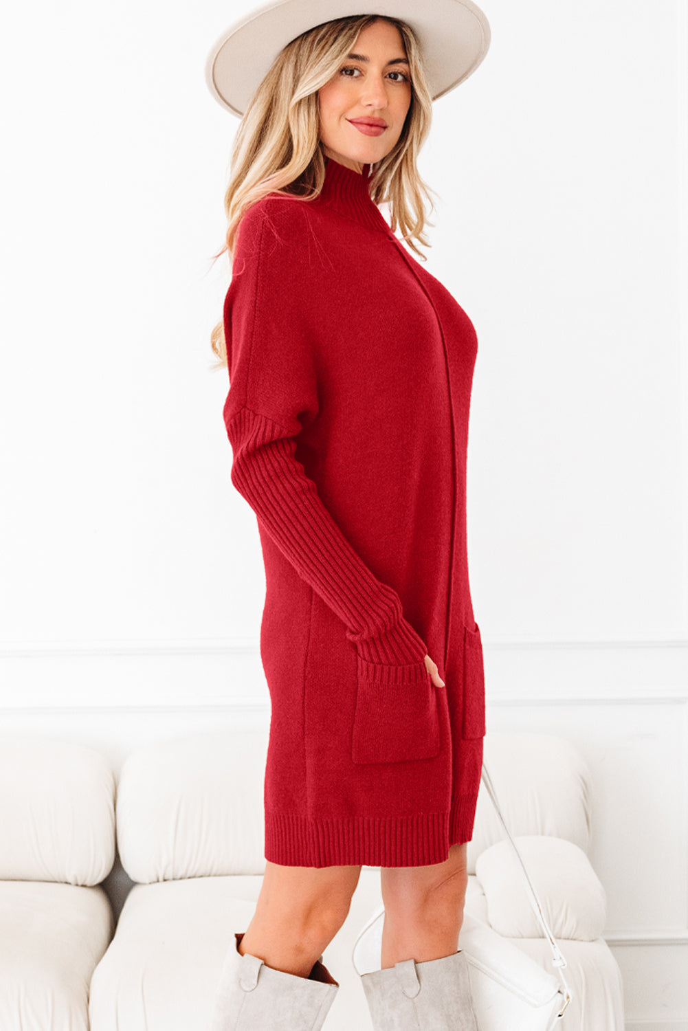 KaleaBoutique Stylish Ribbed High Neck Front Pockets Center Seam Shift Sweater Dress - KaleaBoutique.com