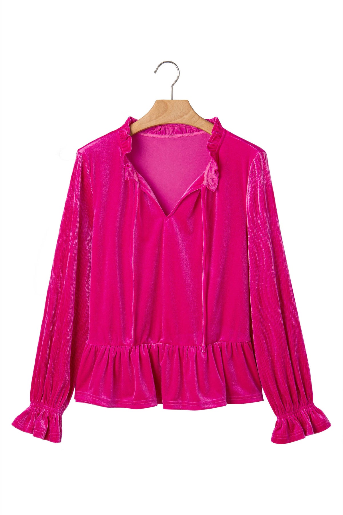 KaleaBoutique Stylish V Neck Velvet Ruffled Cuffs Hem Long Sleeve Top - KaleaBoutique.com