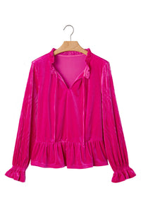 KaleaBoutique Stylish V Neck Velvet Ruffled Cuffs Hem Long Sleeve Top - KaleaBoutique.com