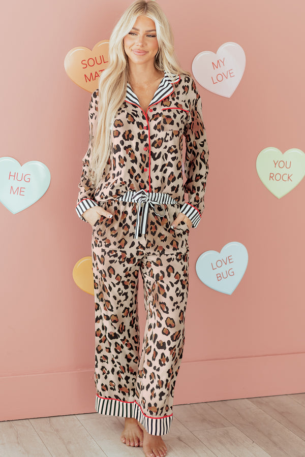 KaleaBoutique Stylish Dearlove Leopard Print Colorblock Striped Edge Shirt and Pants Pajama Set - KaleaBoutique.com