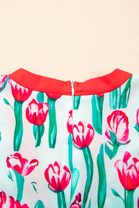 Floral Print Contrast Trim V Neck Bubble Short Sleeve Babydoll Dress - KaleaBoutique.com