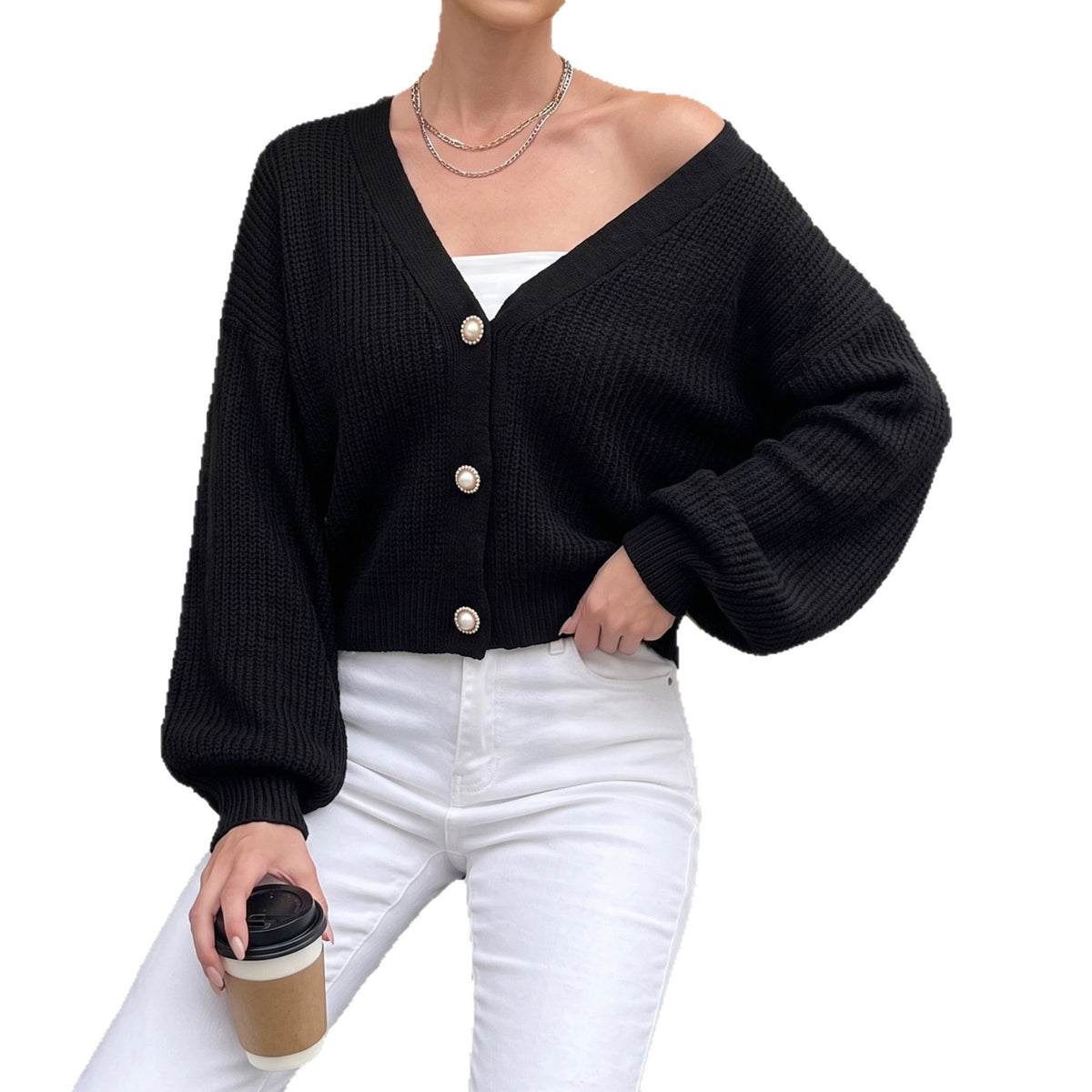 Women's V-Neck Pearl-Style Button Cardigan - KaleaBoutique.com