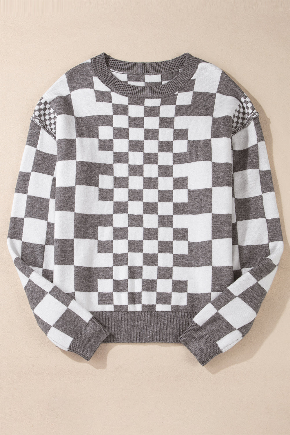 KaleaBoutique Checkered Print Drop Shoulder Round Neck Sweater - KaleaBoutique.com