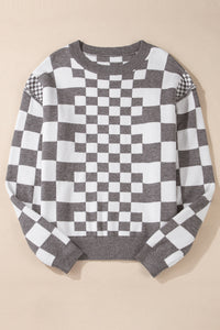 KaleaBoutique Checkered Print Drop Shoulder Round Neck Sweater - KaleaBoutique.com