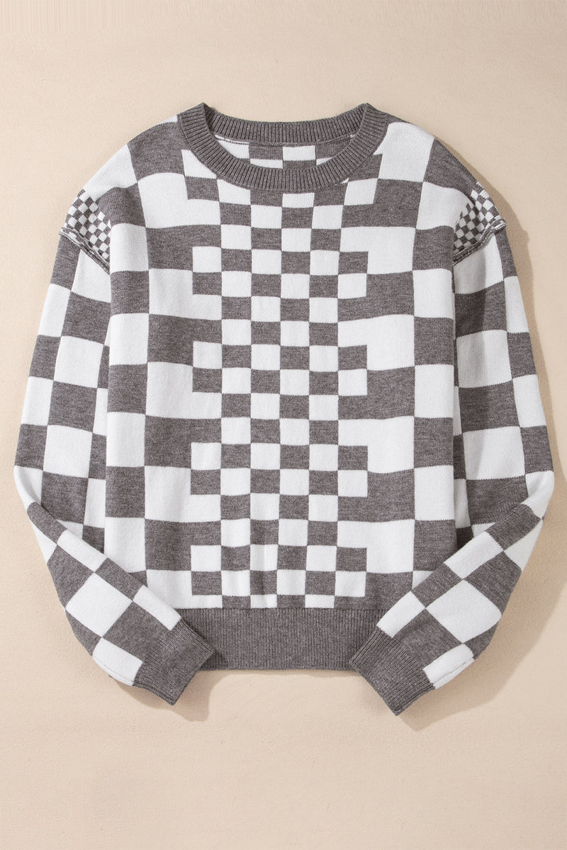 KaleaBoutique Checkered Print Drop Shoulder Round Neck Sweater - KaleaBoutique.com