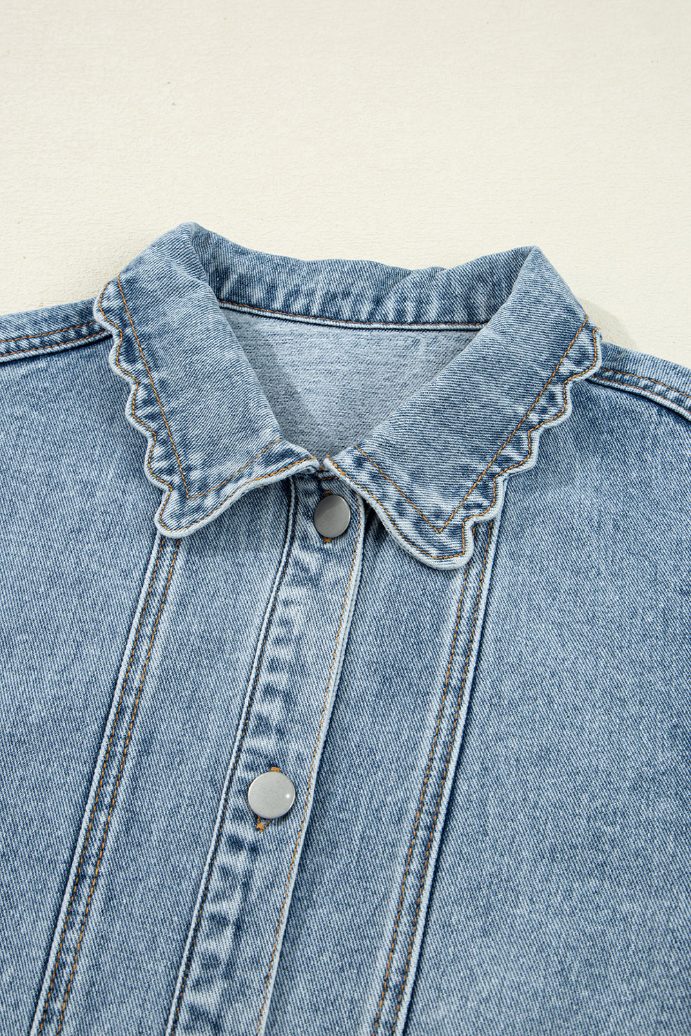Scallop Trim Collar Patched Pocket Button Up Mineral Washed Denim Jacket - KaleaBoutique.com