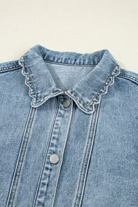 Scallop Trim Collar Patched Pocket Button Up Mineral Washed Denim Jacket - KaleaBoutique.com