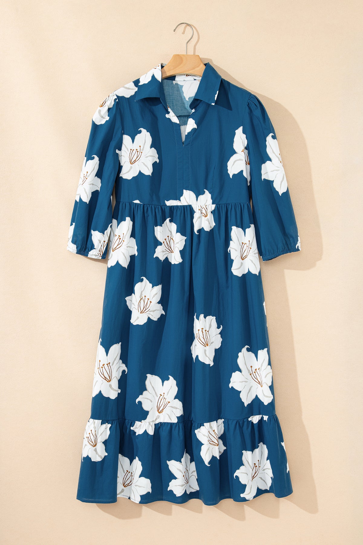 KaleaBoutique Comfortable Floral Print Shirt Collar V Neck 3/4 Sleeve Shift Midi Dress - KaleaBoutique.com