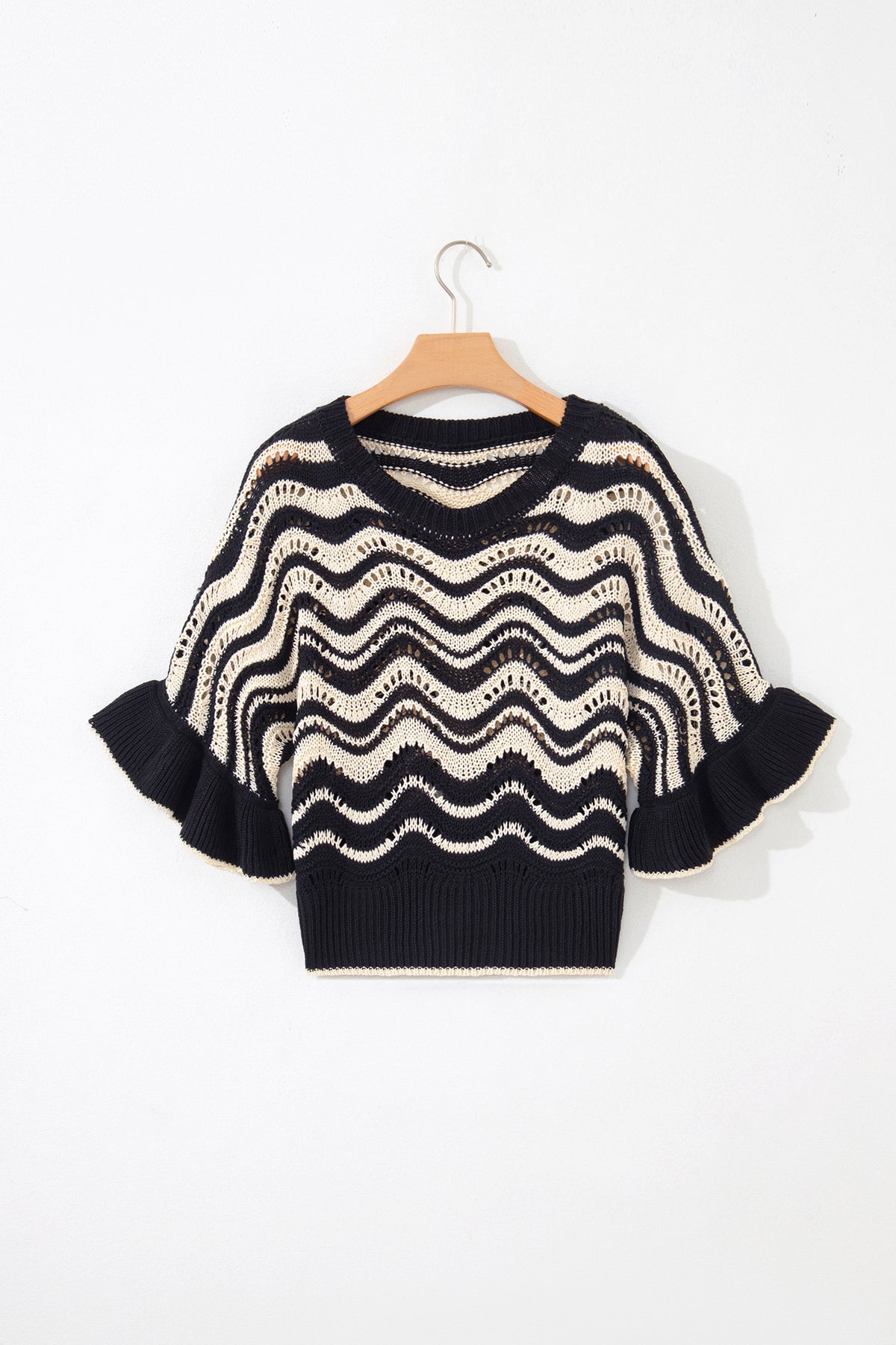 KaleaBoutique Stylish Wavy Crochet Eyelet Detail Ruffle Half Sleeve Sweater - KaleaBoutique.com