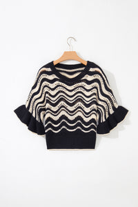 KaleaBoutique Stylish Wavy Crochet Eyelet Detail Ruffle Half Sleeve Sweater - KaleaBoutique.com