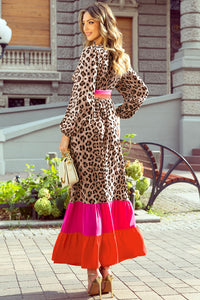 Leopard Color Block V Neck Loose Fit Maxi Dress - KaleaBoutique.com
